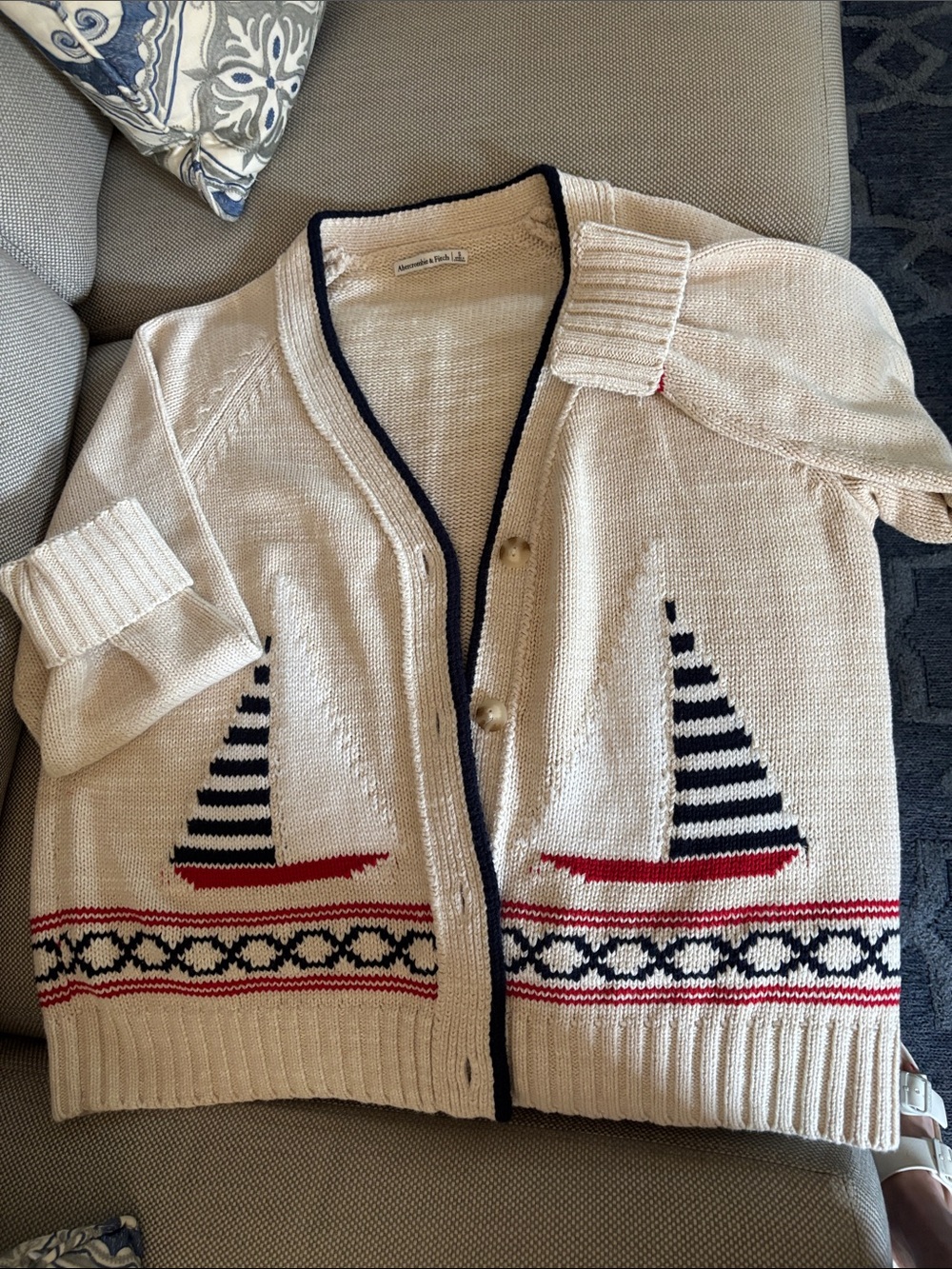 Abercrombie & Fitch Cream Nautical Sailboat Cardigan with Navy & Red Trim